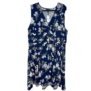 LANE BRYANT Blue Floral Faux-Wrap Dress 22/24 Summer Wedding Sleeveless‎